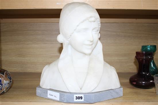 An early 20th century North European carved alabaster bust of a Flemish girl wearing a lace bonnet, unsigned, on grey marble plinth, he